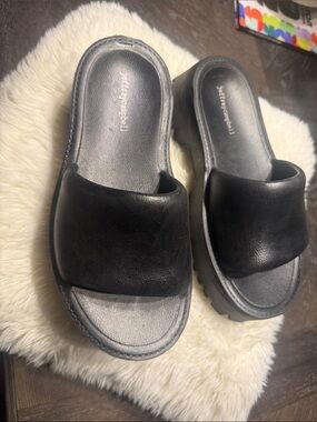 Jeffrey Campbell Black Leather Platform Slide Mules